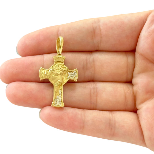 18K Gold Medium CZ Two Tone Jesus Face Cross Pendant