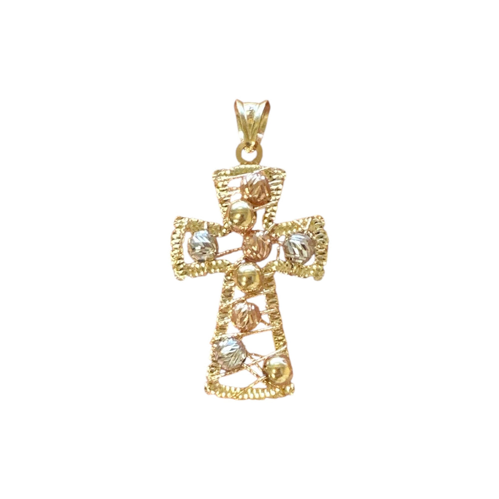 18K Gold Medium Multicolor Wire Bead Cross Pendant