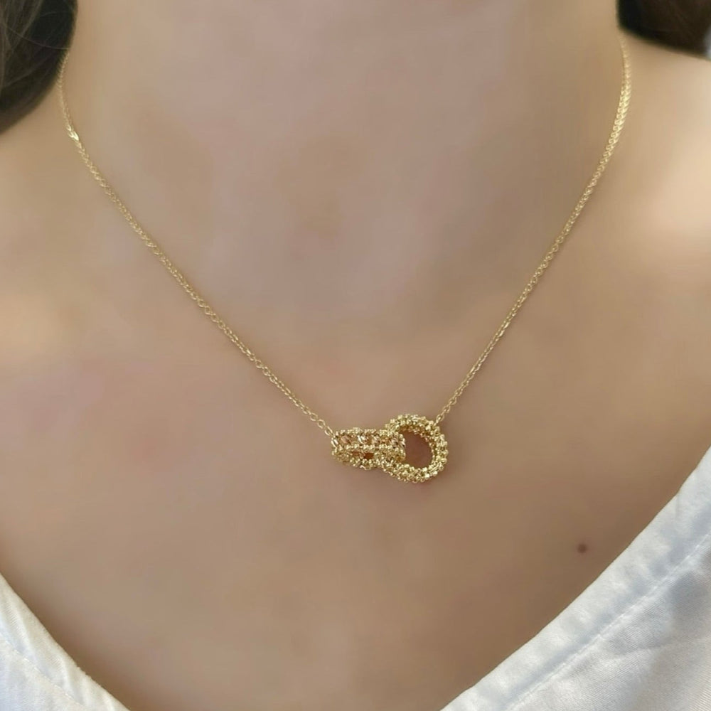 18K Gold Two Tone Double Ring Charm Chain Necklace