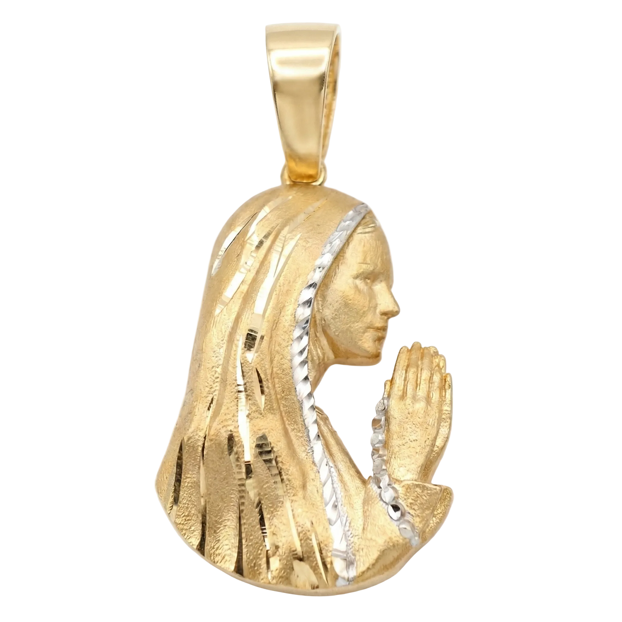 18K Two Tone Gold Pendant 3D Praying Virgin Mary Icon