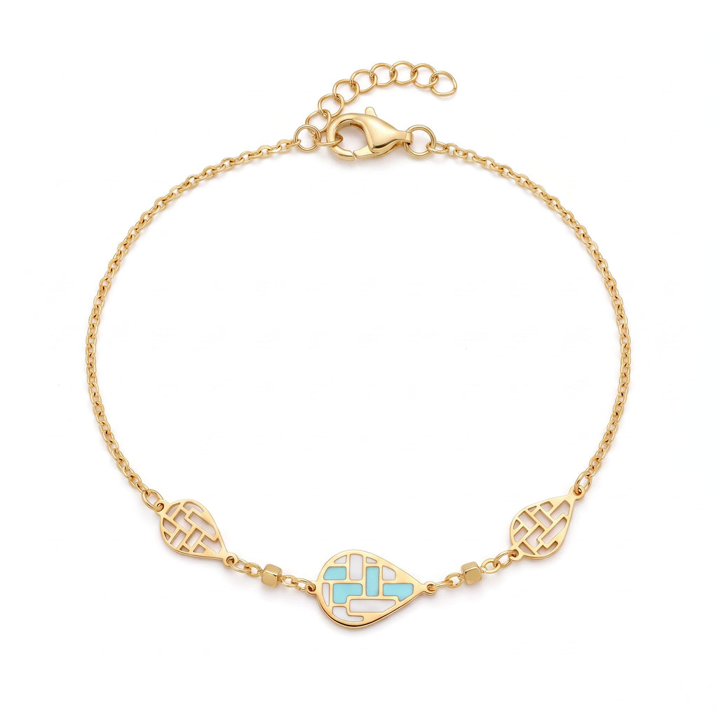 18K Yellow Gold Blue & White Enamel Teardrop Chain Bracelet