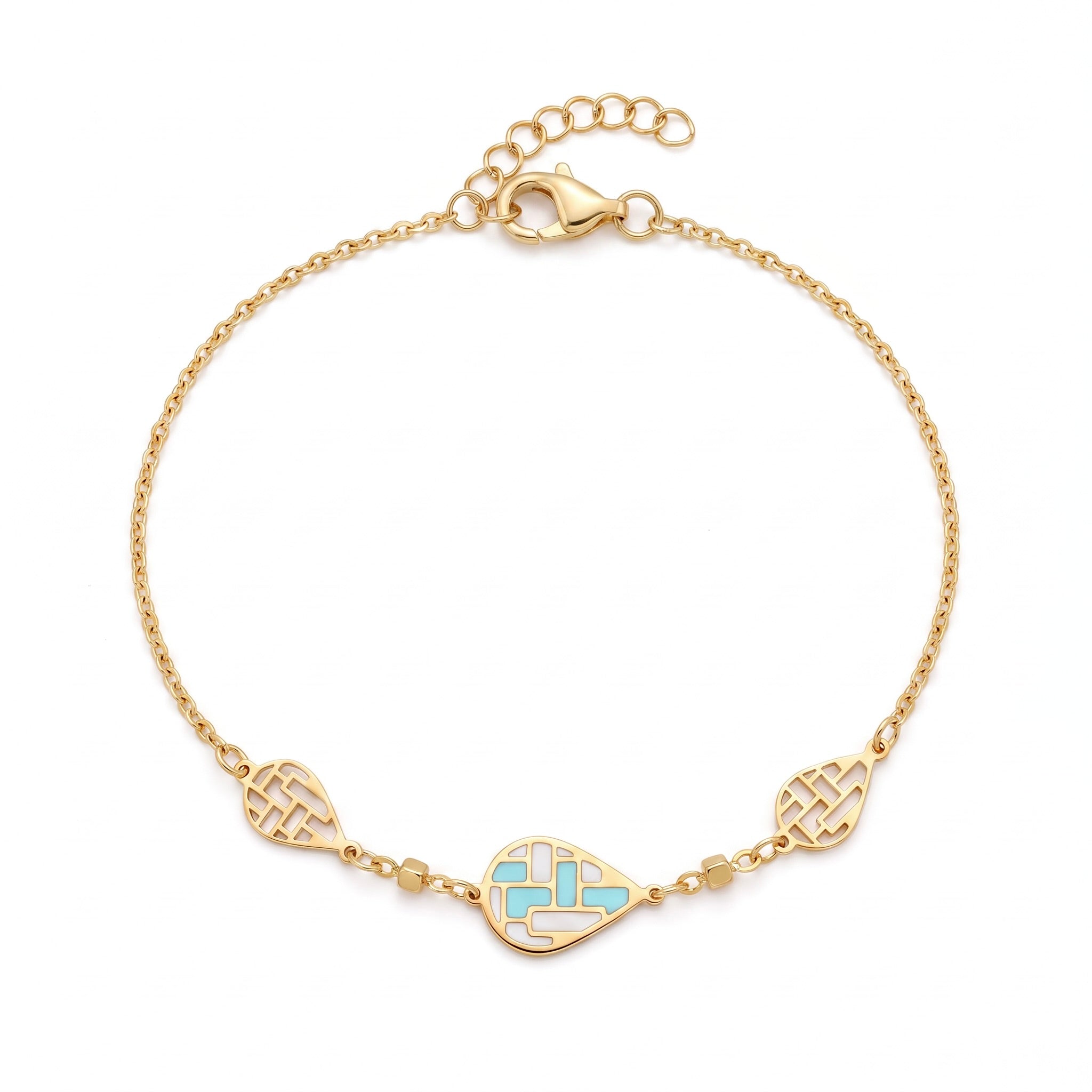 18K Yellow Gold Blue & White Enamel Teardrop Chain Bracelet