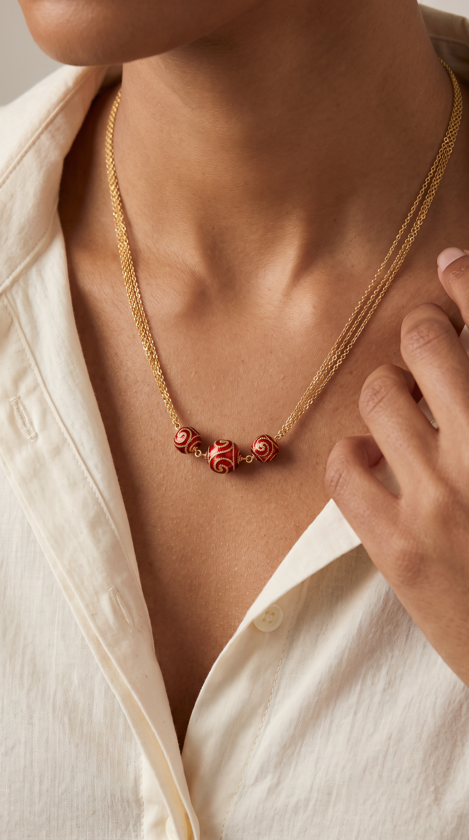 18K Yellow Gold Red Beaded Triple Chain Necklace