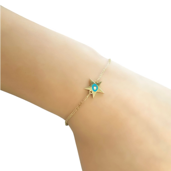 18K Gold Blue Enamel Star Chain Bracelet