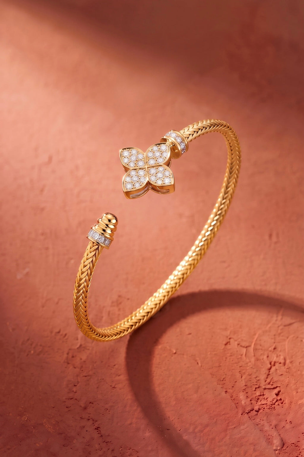 Diamond Yellow Gold Pavé Flower Cuff Bracelet