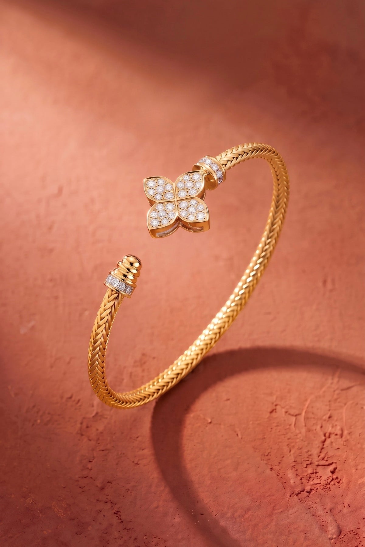 Diamond Yellow Gold Pavé Flower Cuff Bracelet