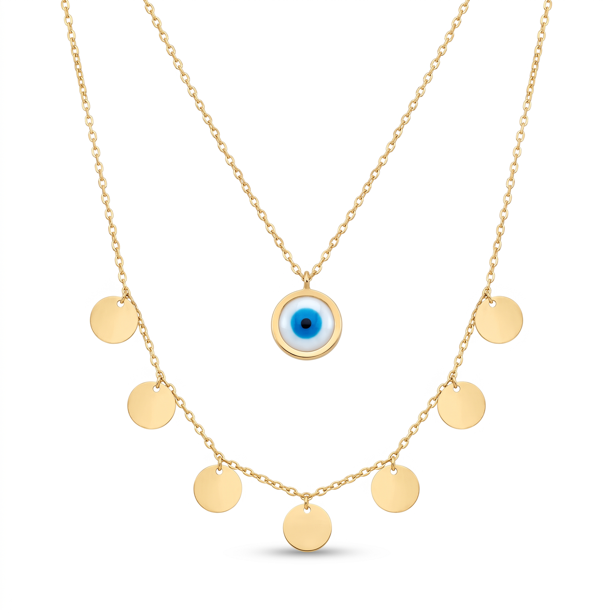 18K Yellow Gold Enamel Evil Eye Double Chain Necklace