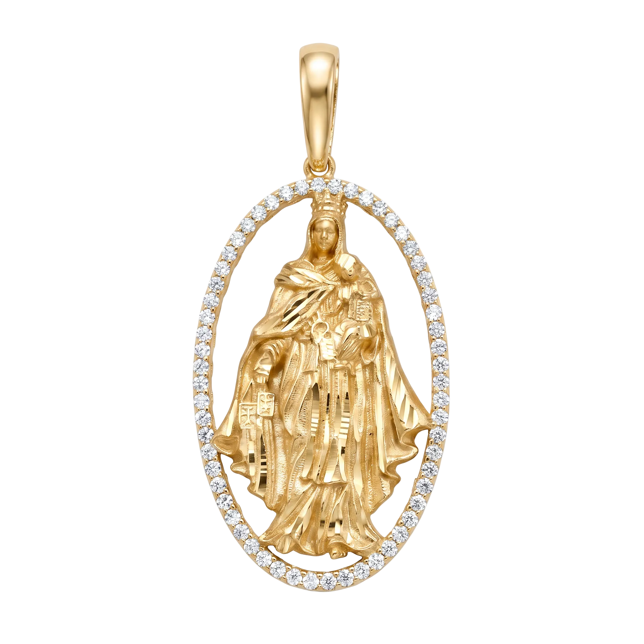 18K Yellow Gold Cubic Zirconia St. Mary 7 Jesus Icon Pendant