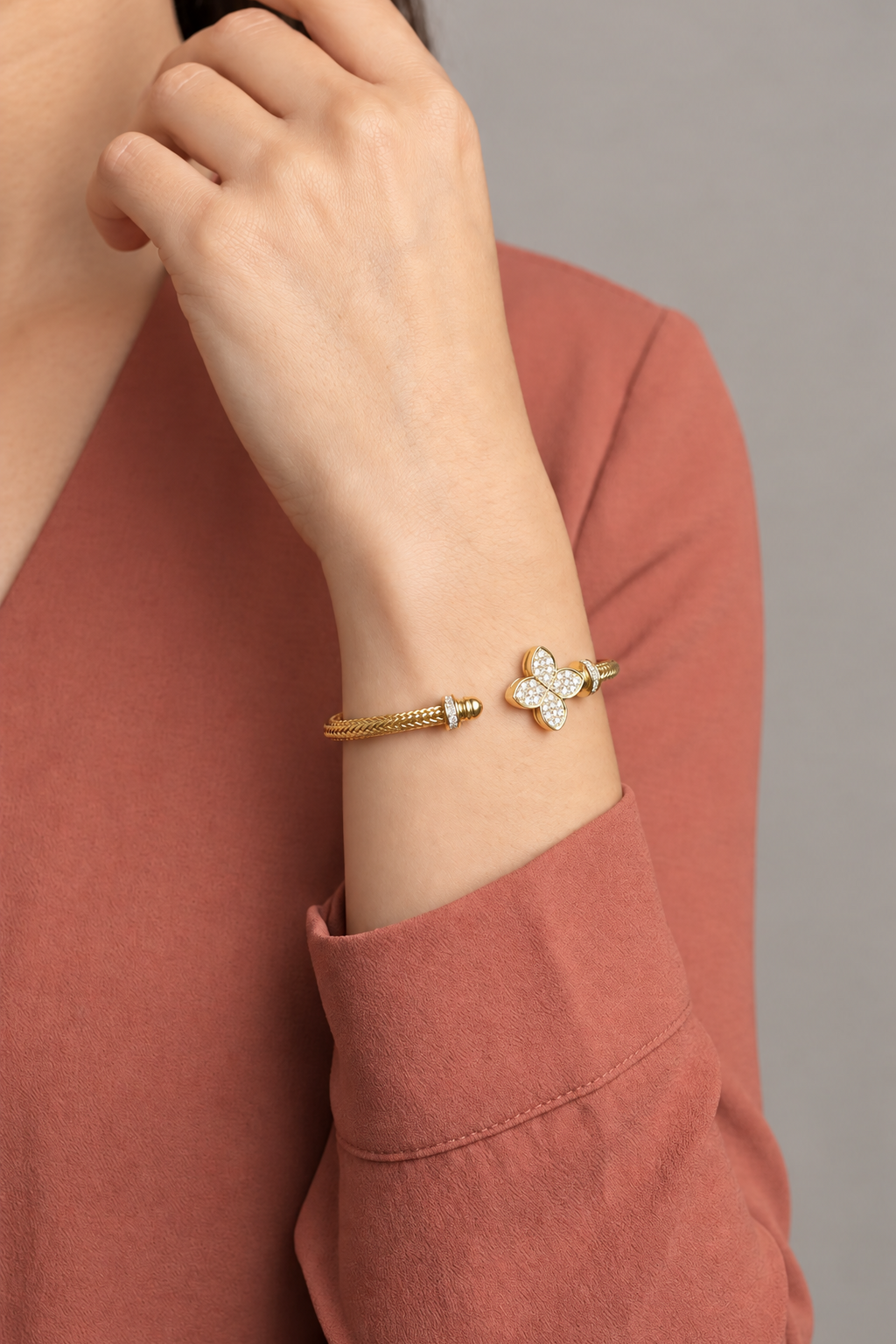 Diamond Yellow Gold Pavé Flower Cuff Bracelet