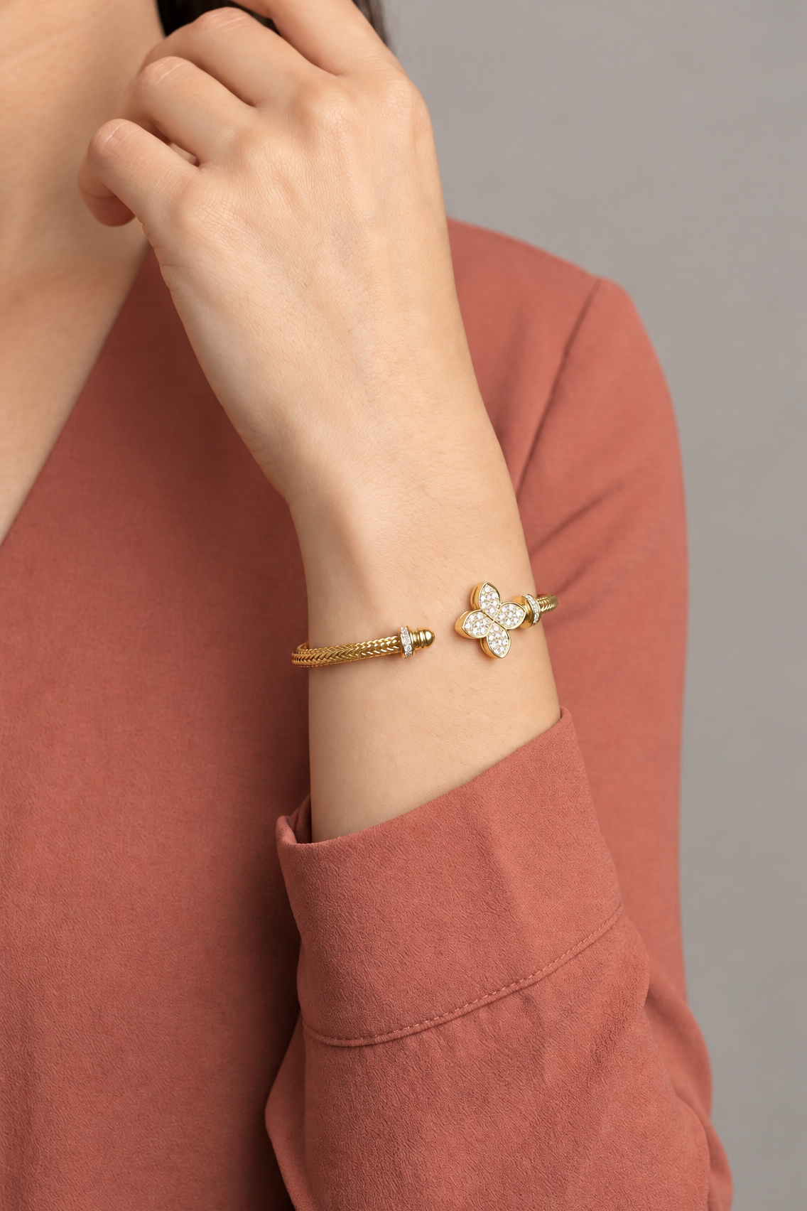 Diamond Yellow Gold Pavé Flower Cuff Bracelet
