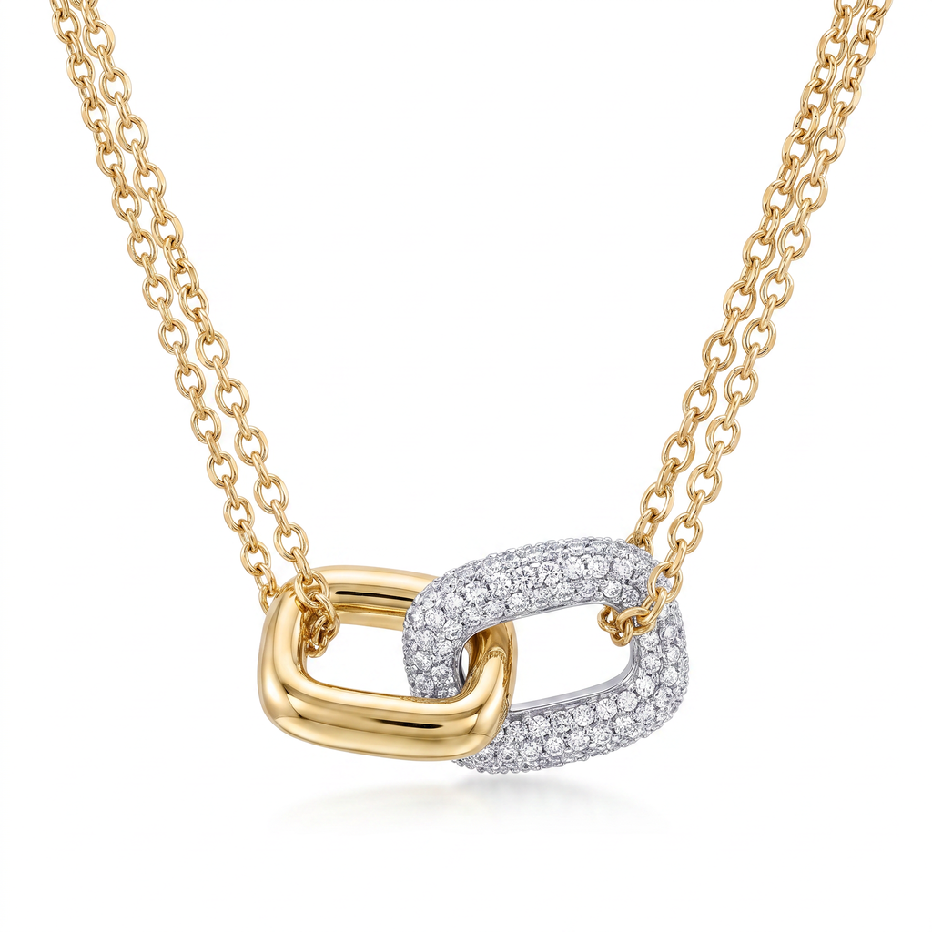 18K Two Tone Cubic Zirconia Interlocking Pendant Double Chain Necklace