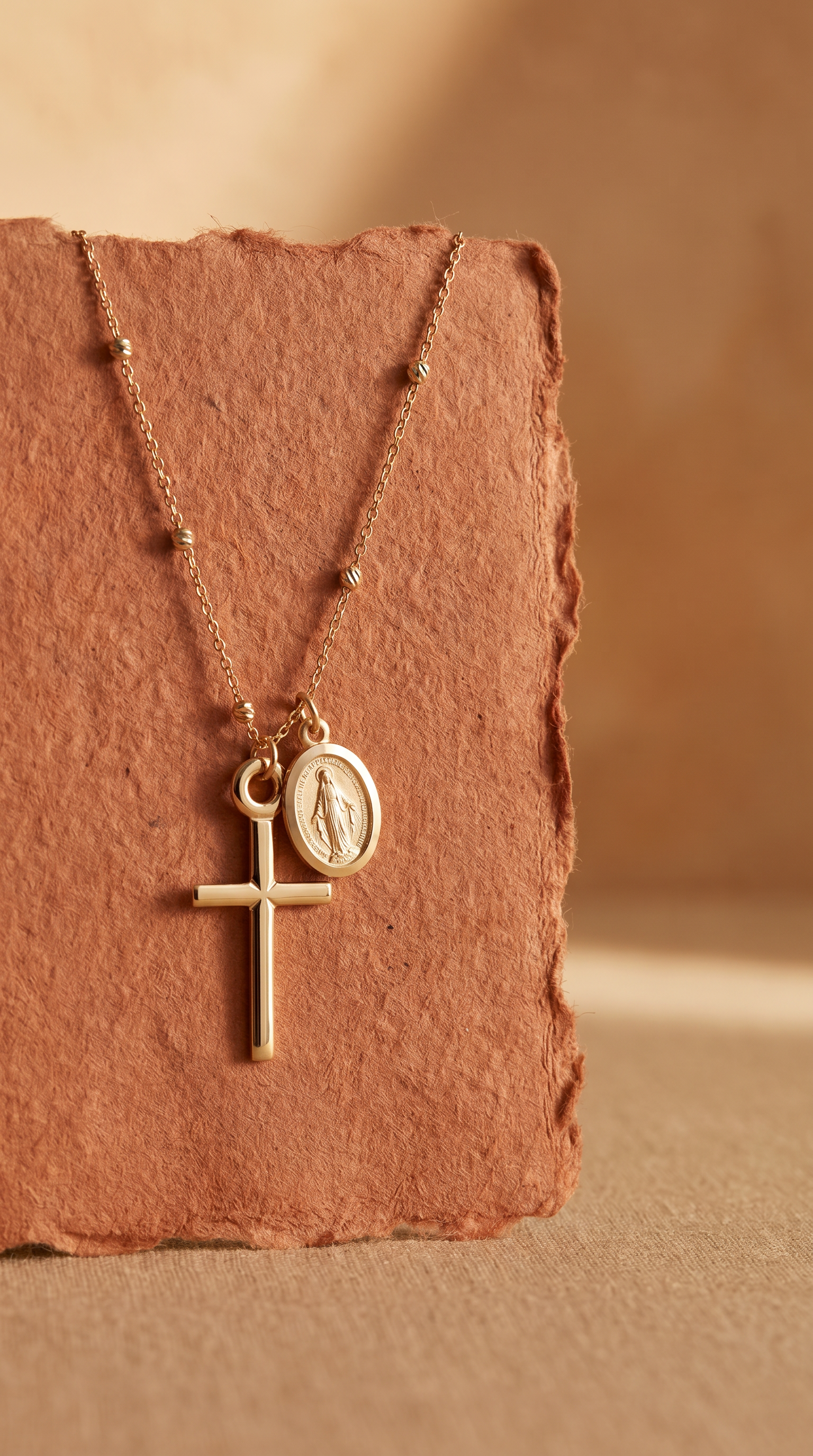 18K Yellow Gold Cross Miraculous Medal Beaded Necklace