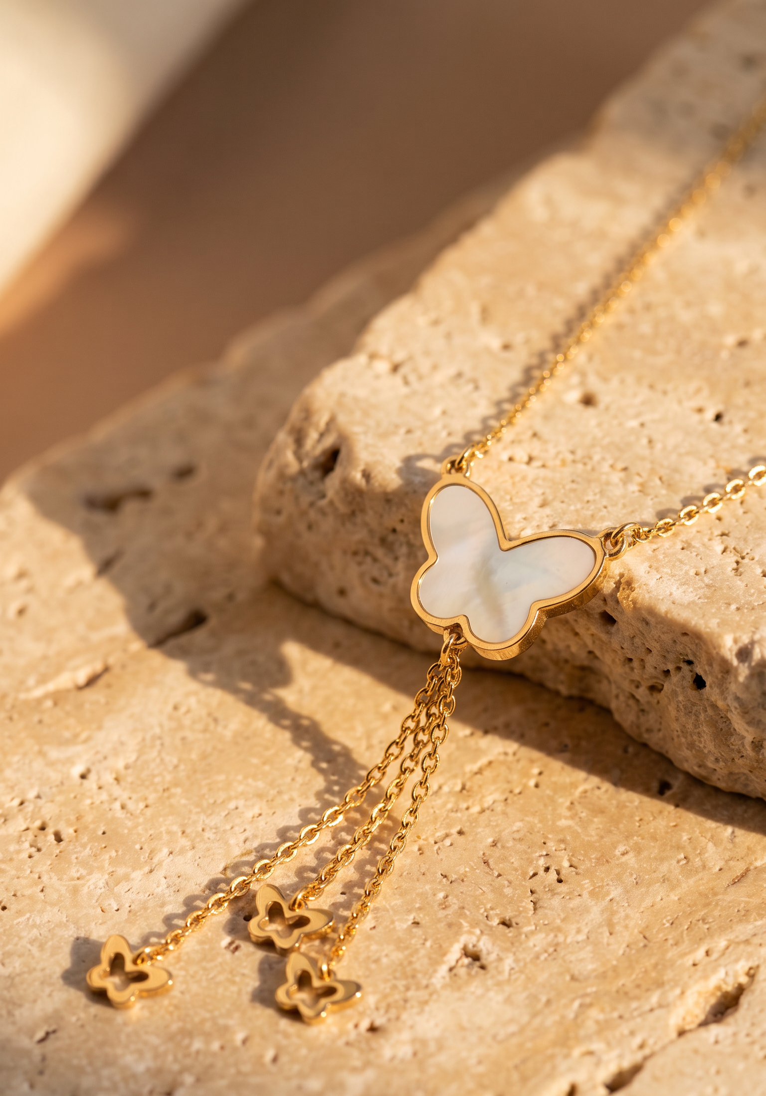 18K Yellow Gold Reversible Mother Of Pearl Butterfly Dangle Necklace