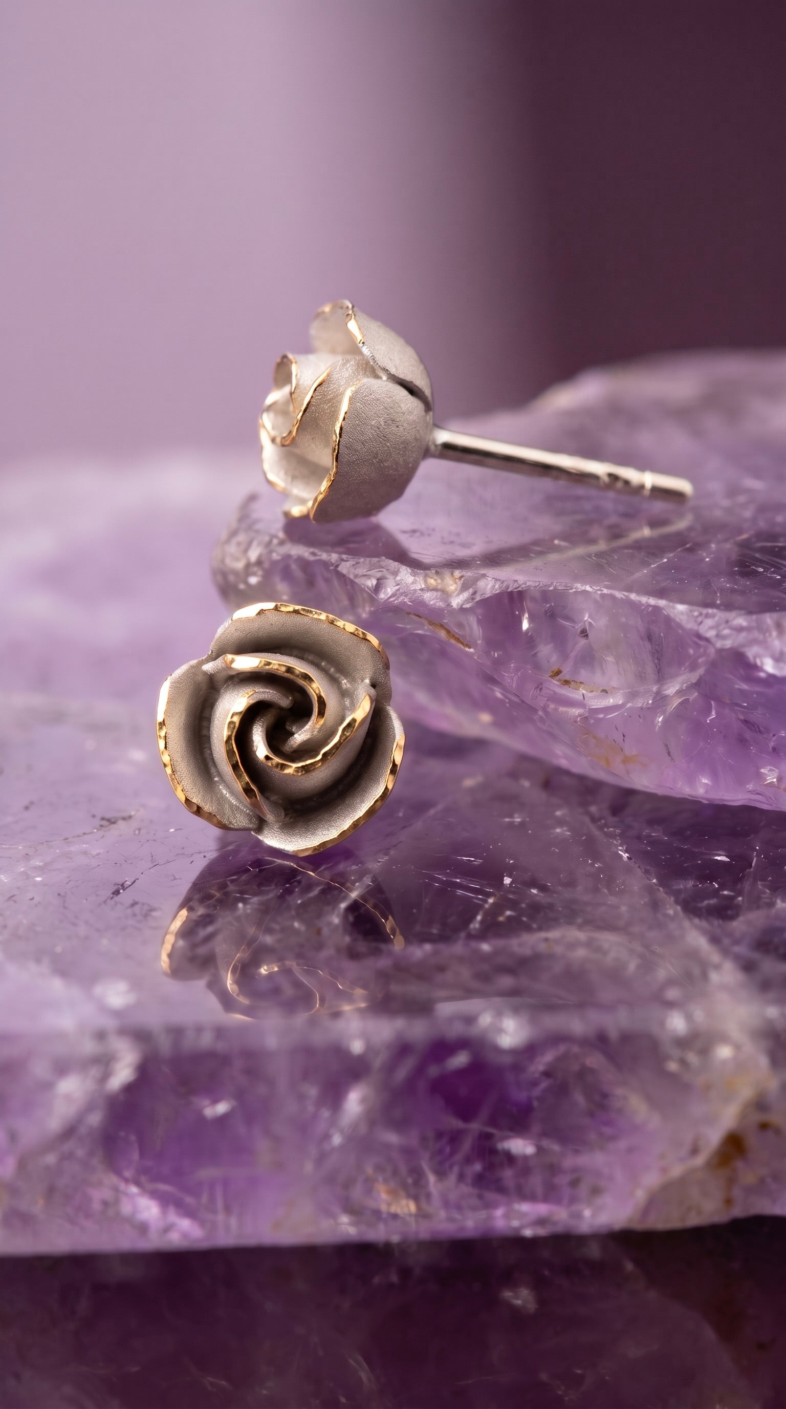 18K Two Tone Gold Rose Stud Earring