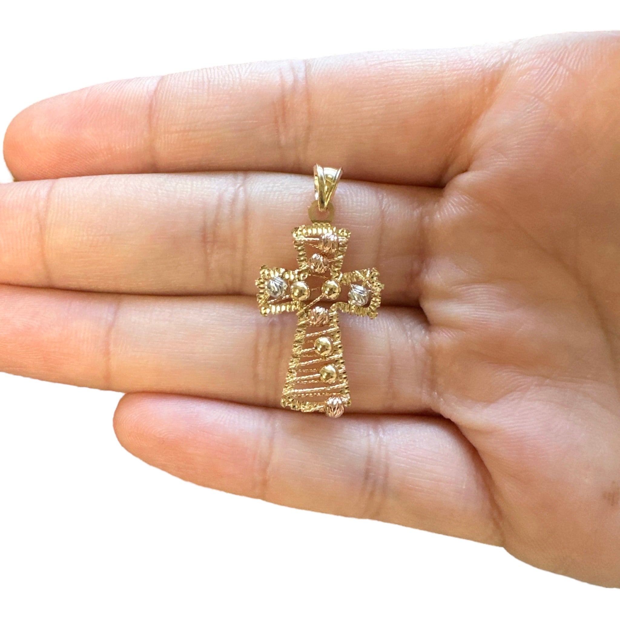 18K Multicolor Gold Small Wire Bead Cross Pendant