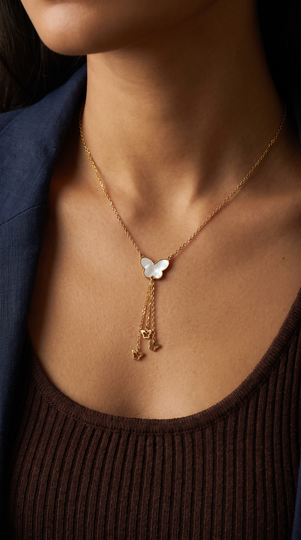 18K Yellow Gold Reversible Mother Of Pearl Butterfly Dangle Necklace