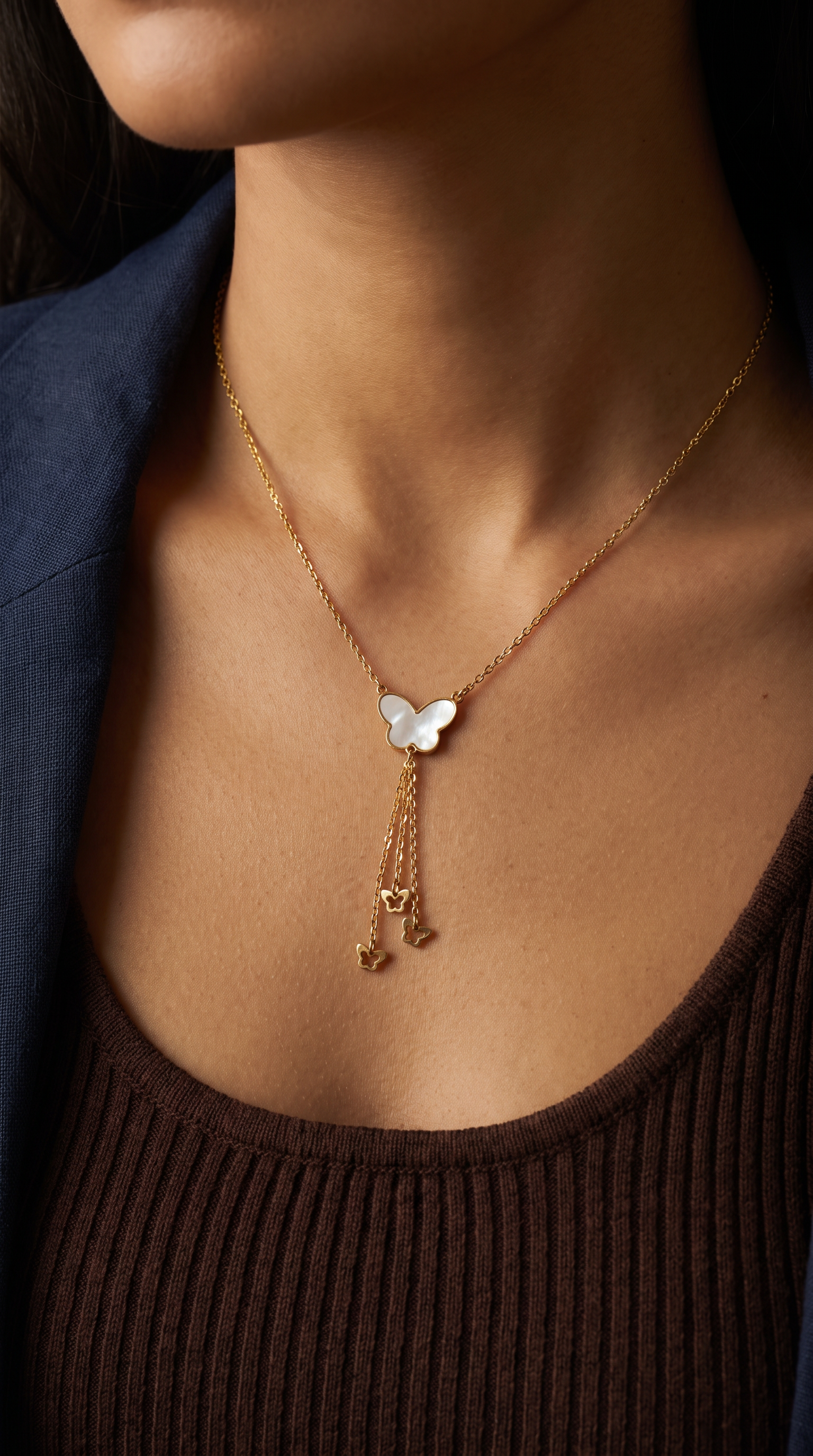 18K Yellow Gold Reversible Mother Of Pearl Butterfly Dangle Necklace