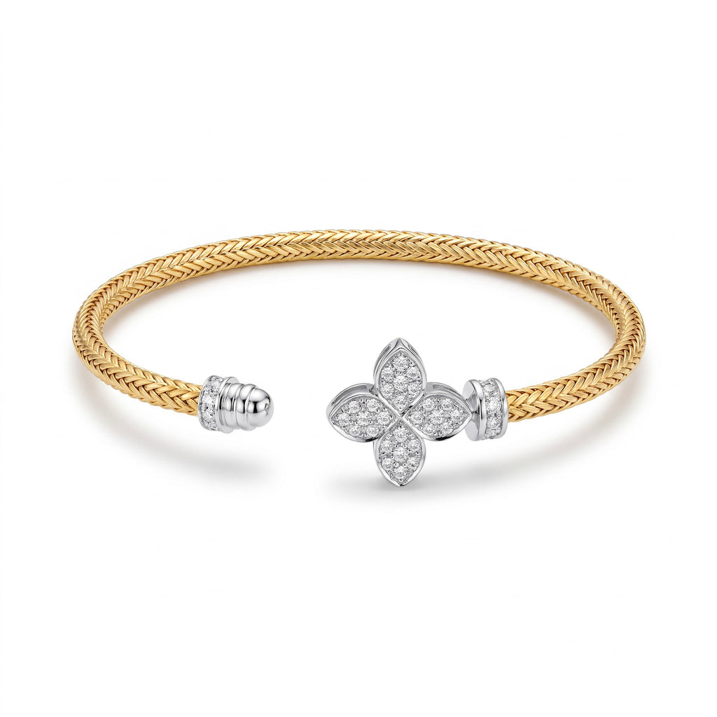 Diamond Two Tone Gold Pavé Flower Cuff Bracelet
