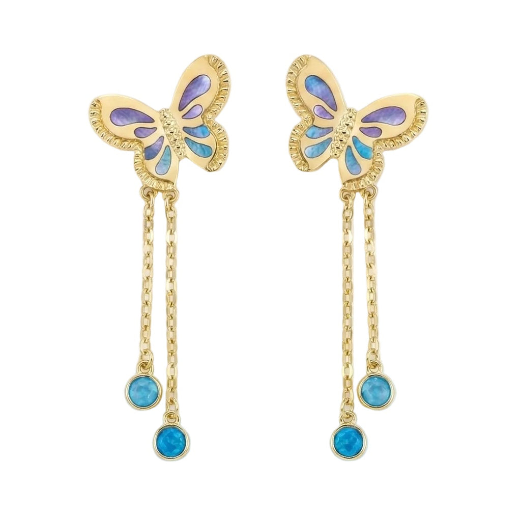 18K Yellow Gold Multicolor Mother Of Pearl Butterfly Dangle Earrings