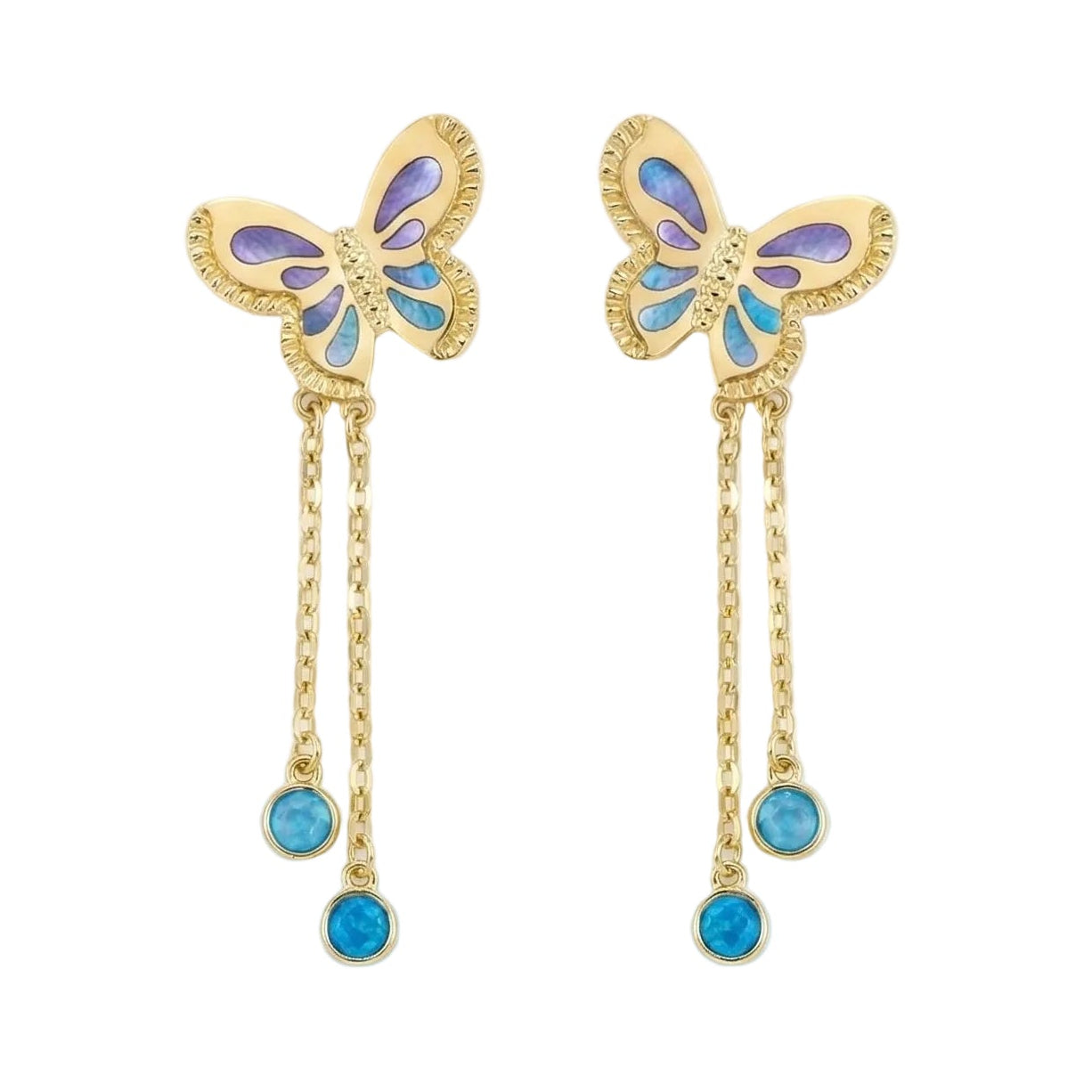 18K Yellow Gold Multicolor Mother Of Pearl Butterfly Dangle Earrings