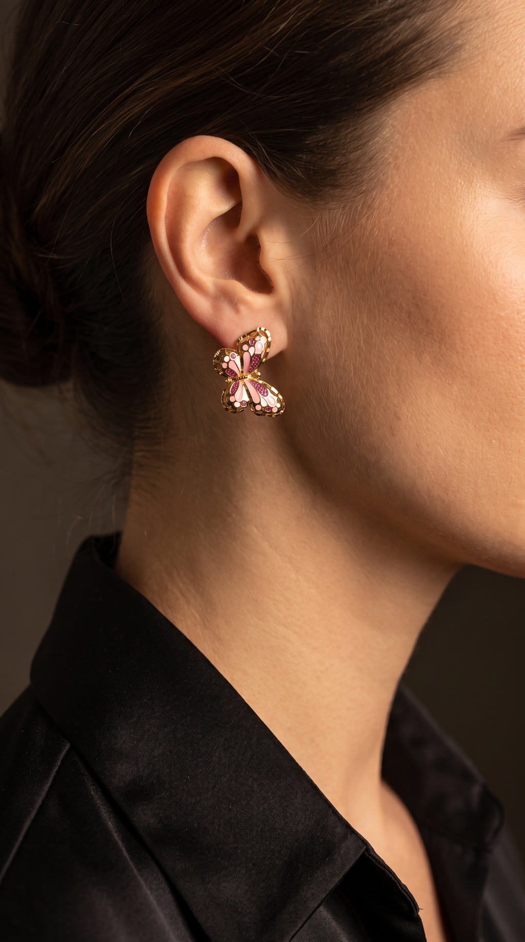 18K Yellow Gold White & Pink Enamel Butterfly Drop Earring