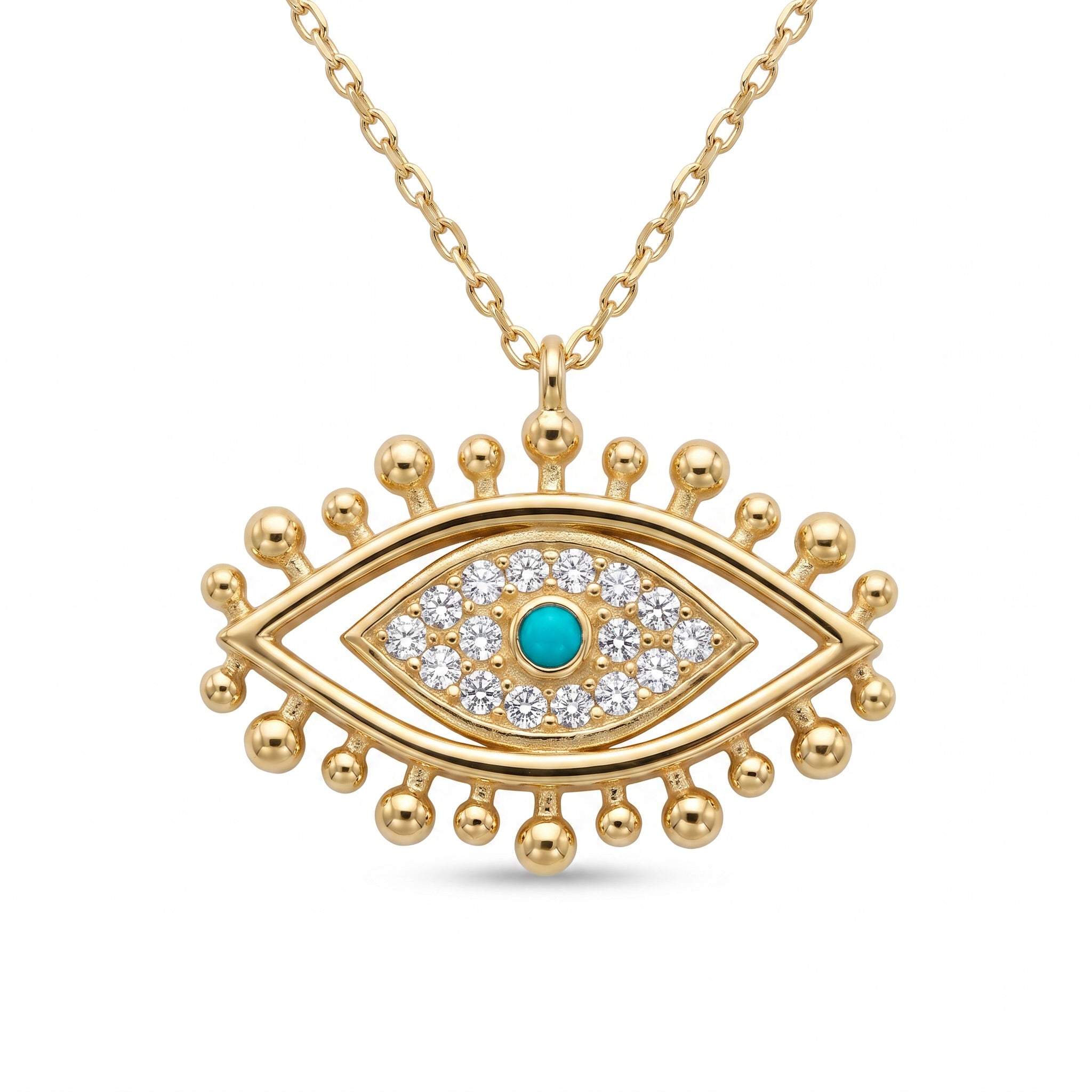 18K Yellow Gold Cubic Zirconia Blue Enamel Evil Eye Necklace