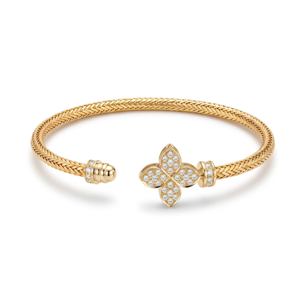 Diamond Yellow Gold Pavé Flower Cuff Bracelet