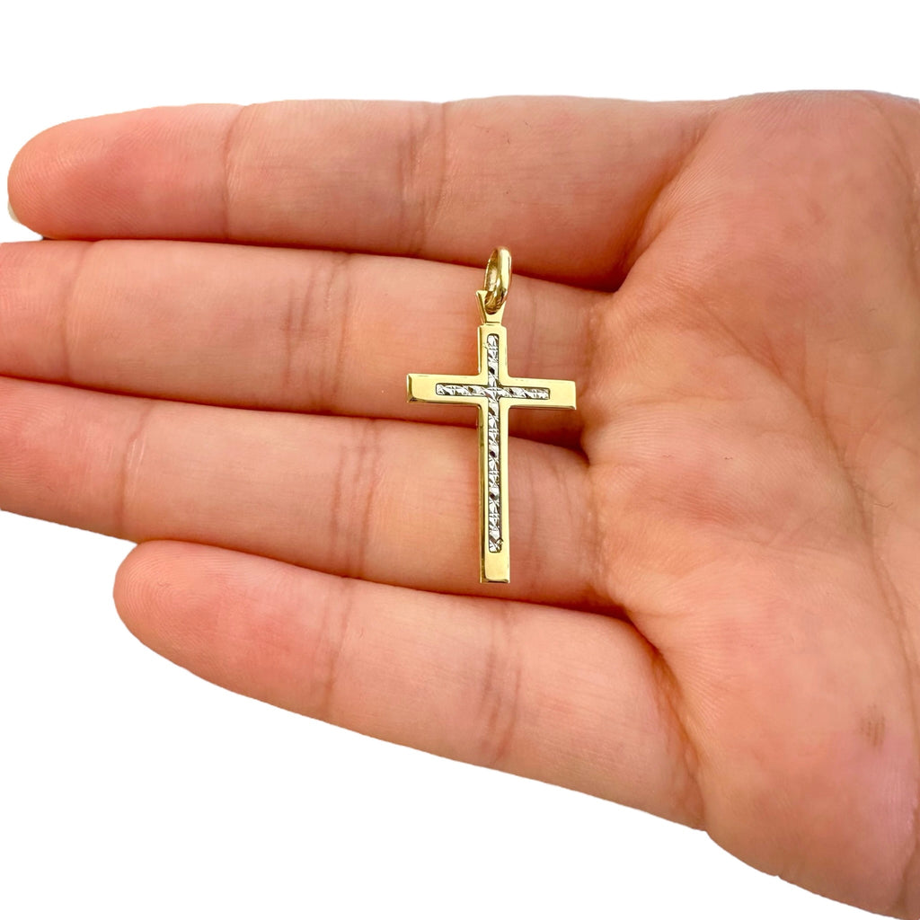 18k Gold Two Tone Diamond Cut Cross Pendant