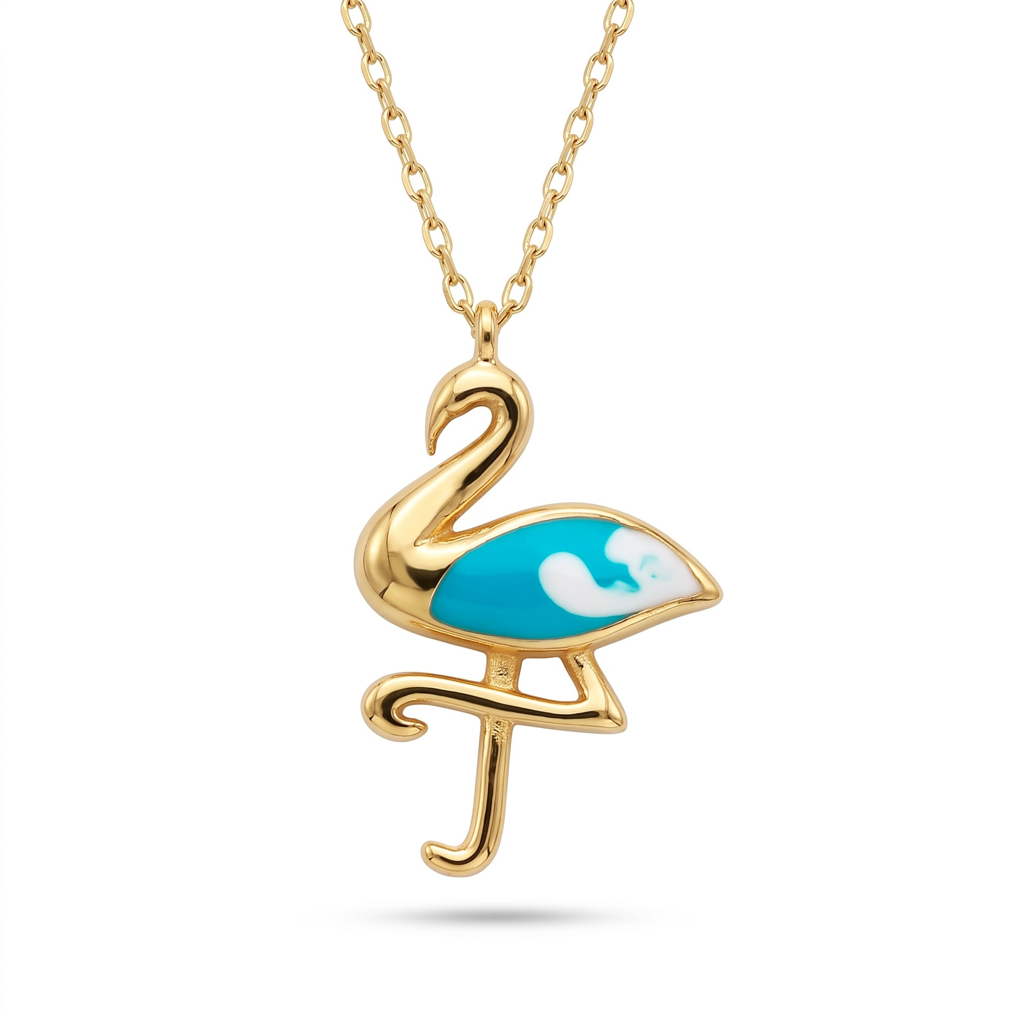 18K Yellow Gold Blue & White Enamel Flamingo Necklace