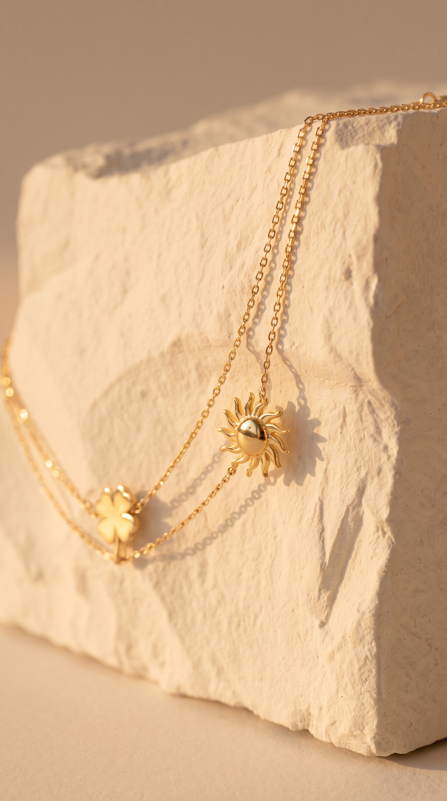 18K Yellow Gold Clover & Sun Double Chain Bracelet