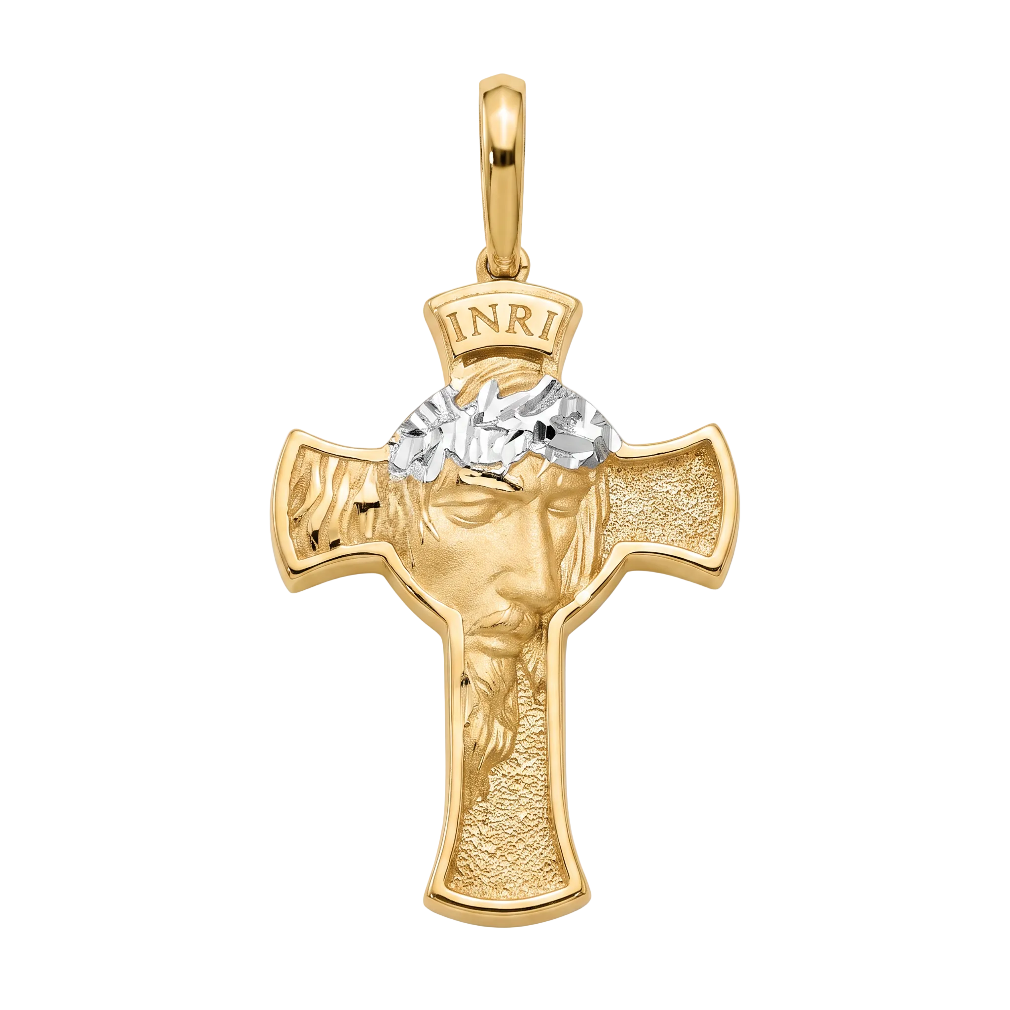 18K Gold Small Two Tone Jesus Face Cross Pendant