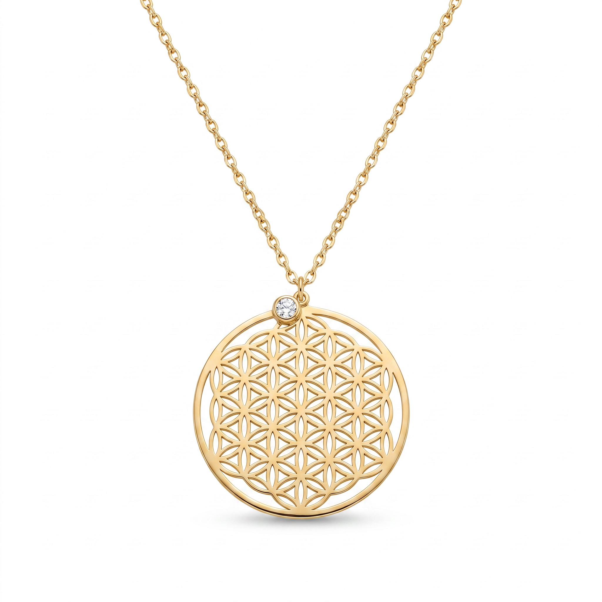 18K Yellow Gold Cubic Zirconia Flower Of Life Necklace