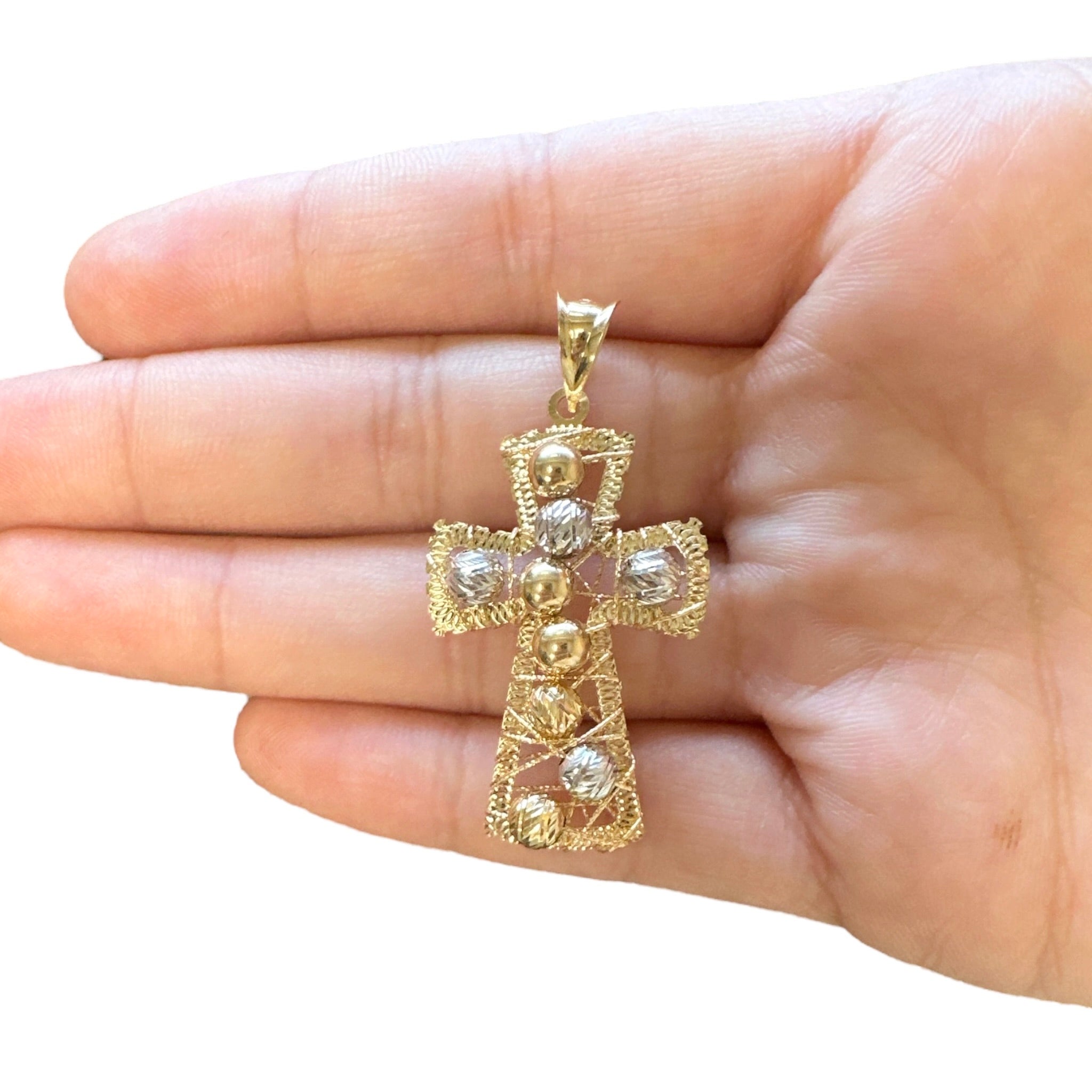 18K Two Tone Gold Large Wire Bead Cross Pendant