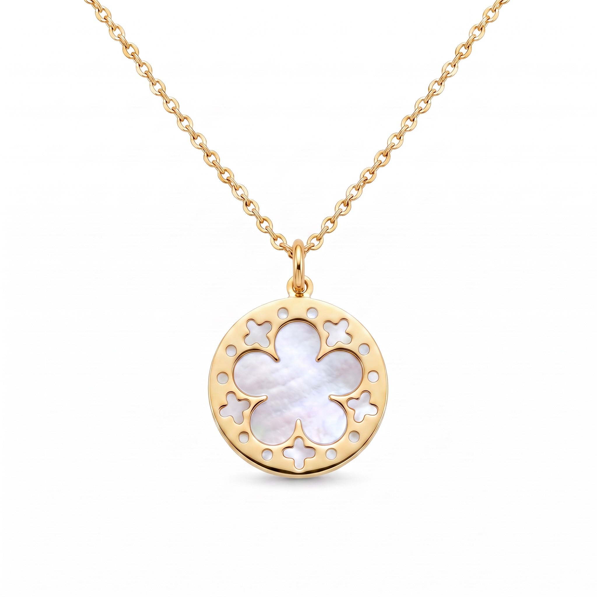 18K Yellow Gold Reversible Mother Of Pearl Flower Necklace