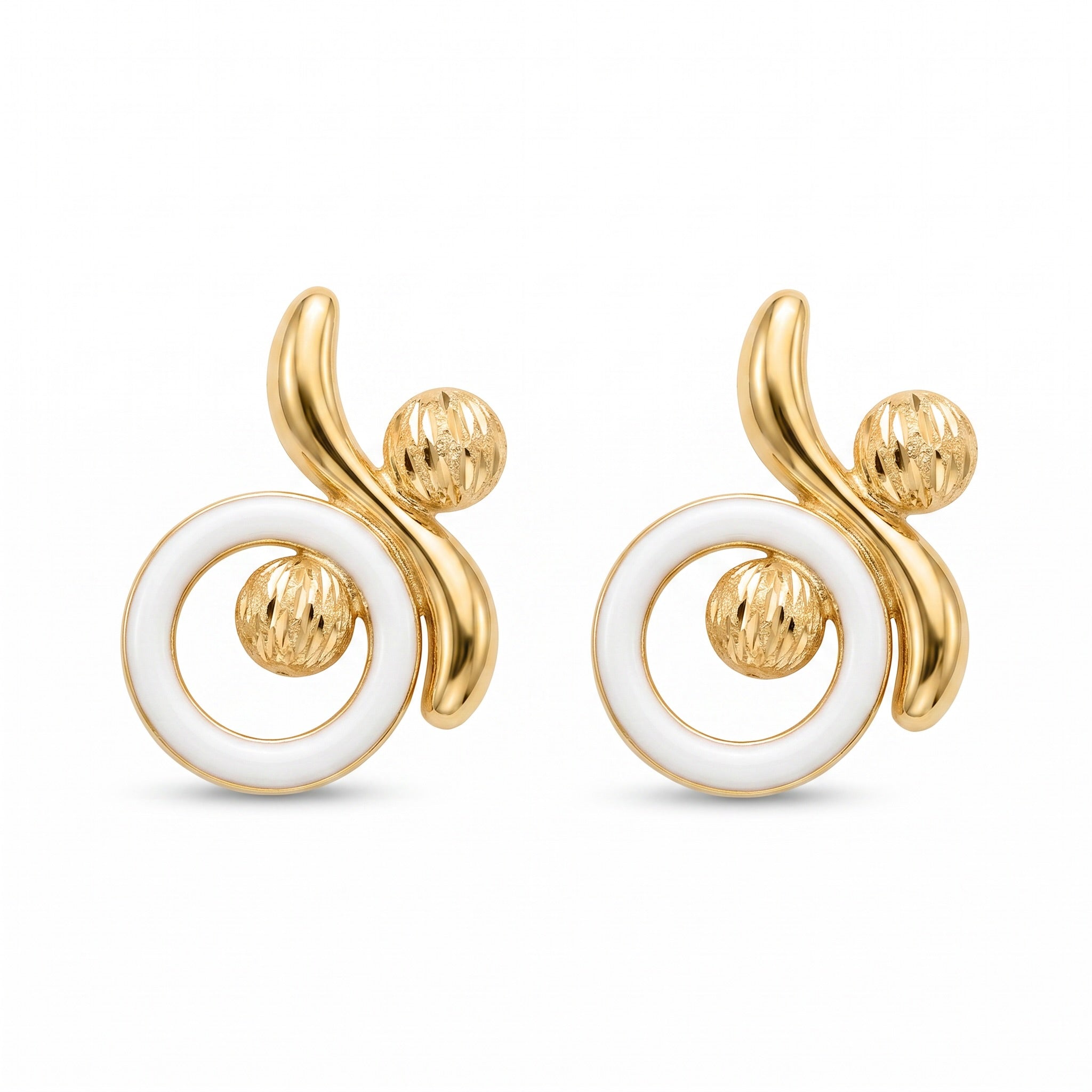18K Yellow Gold White Enamel Stud Earring