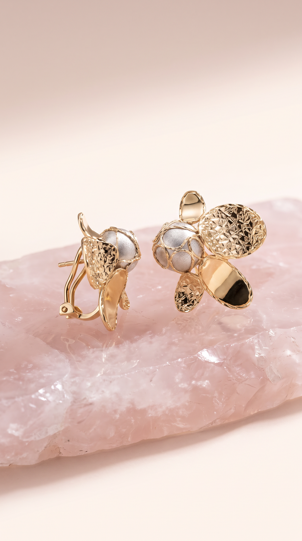 18K Two Tone Gold Flower Drop Earring