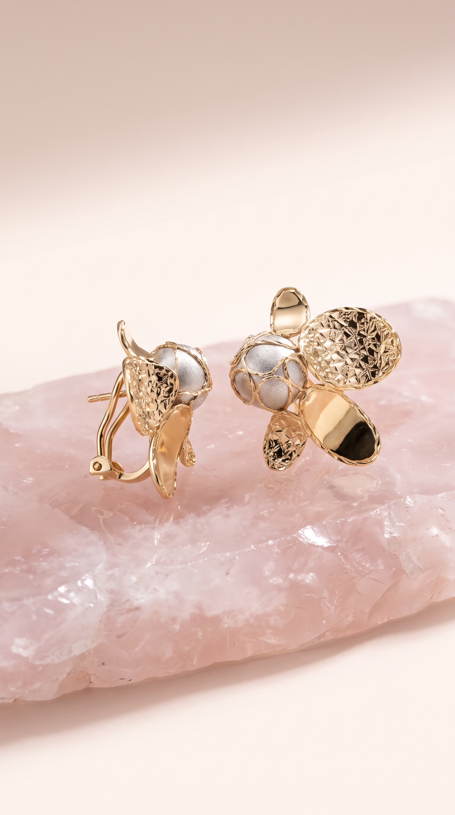 18K Two Tone Gold Flower Drop Earring