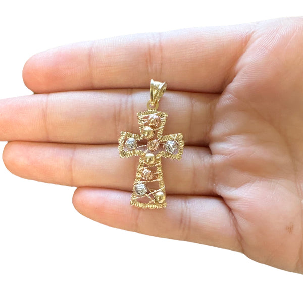 18K Gold Medium Multicolor Wire Bead Cross Pendant