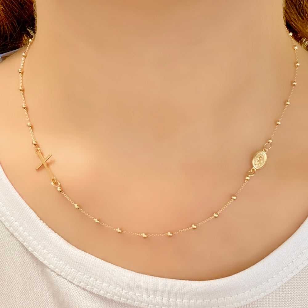 18K Gold Cross and St. Mary Necklace