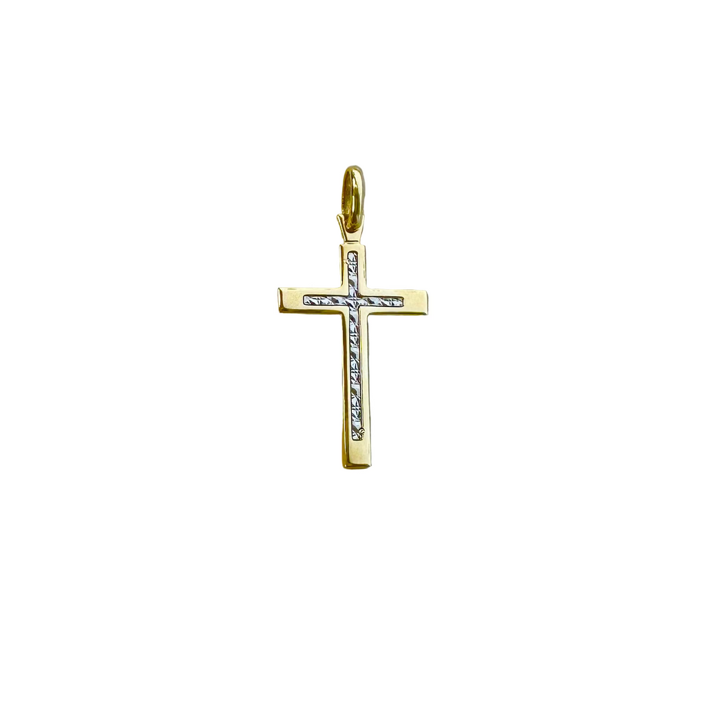 18k Gold Two Tone Diamond Cut Cross Pendant