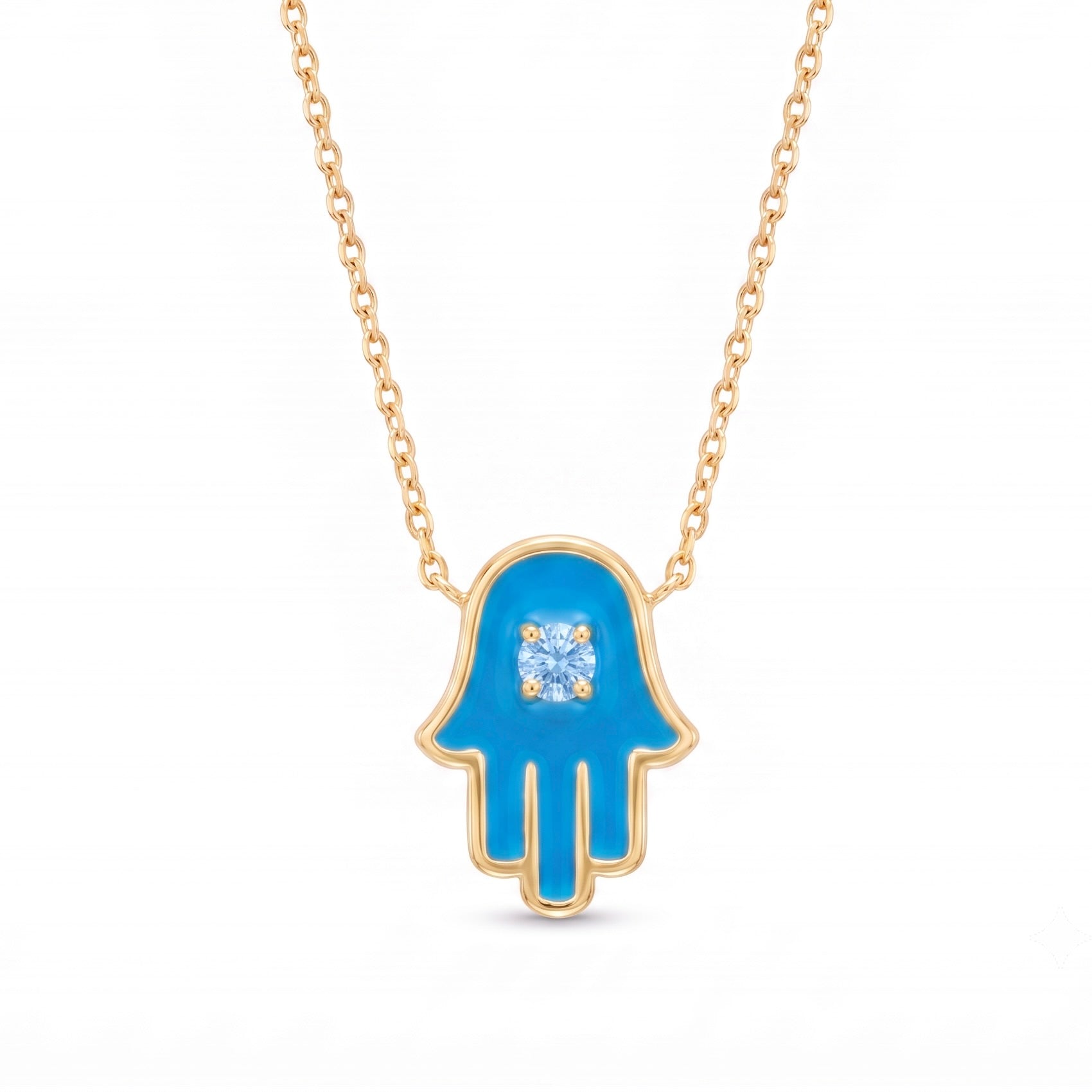 18K Yellow Gold Cyan Cubic Zirconia Enamel Hand Necklace