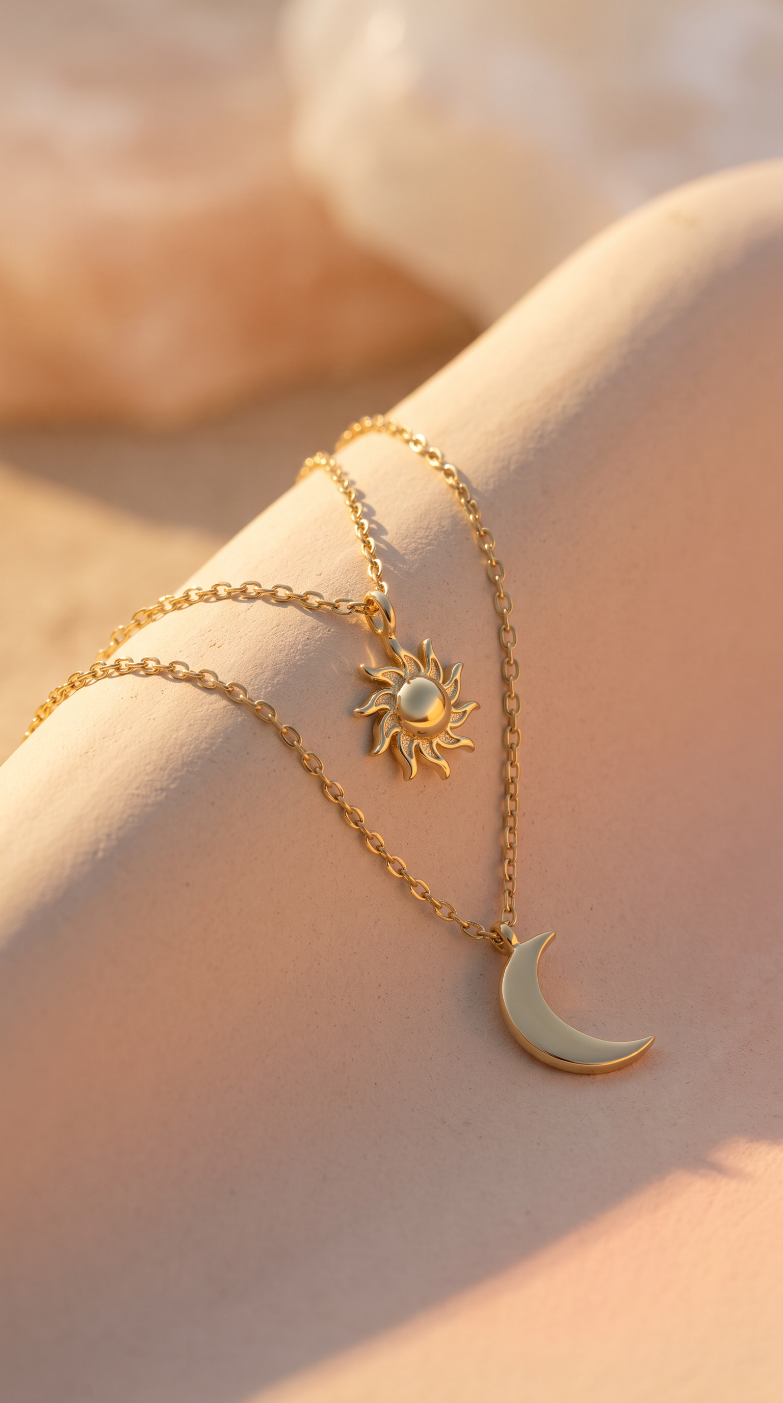 18K Yellow Gold Double Chain Sun & Moon Necklace