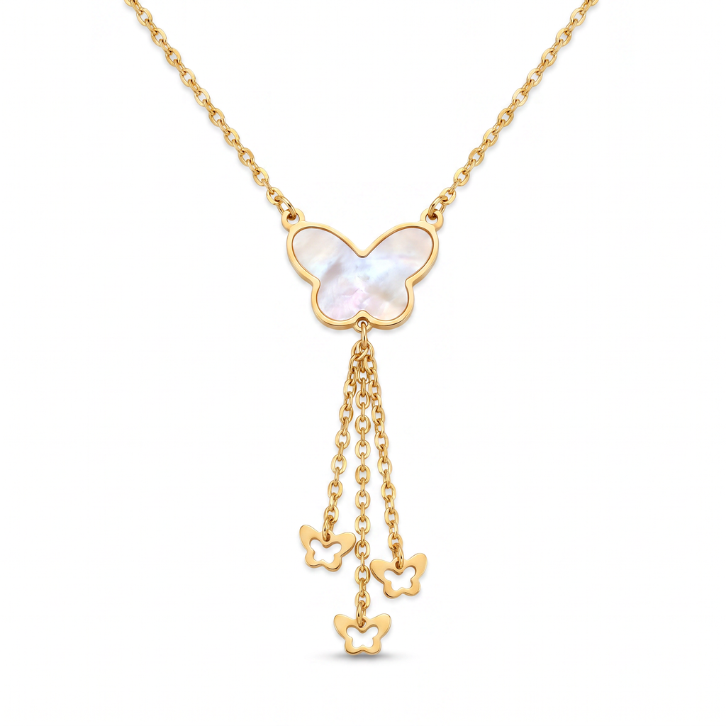 18K Yellow Gold Reversible Mother Of Pearl Butterfly Dangle Necklace