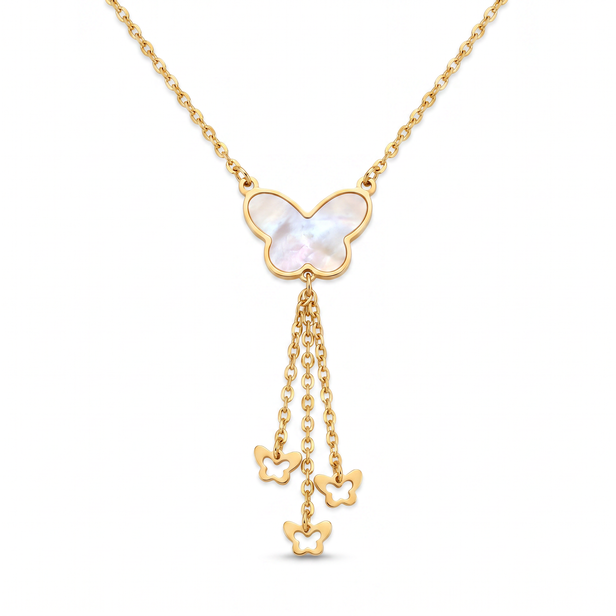 18K Yellow Gold Reversible Mother Of Pearl Butterfly Dangle Necklace