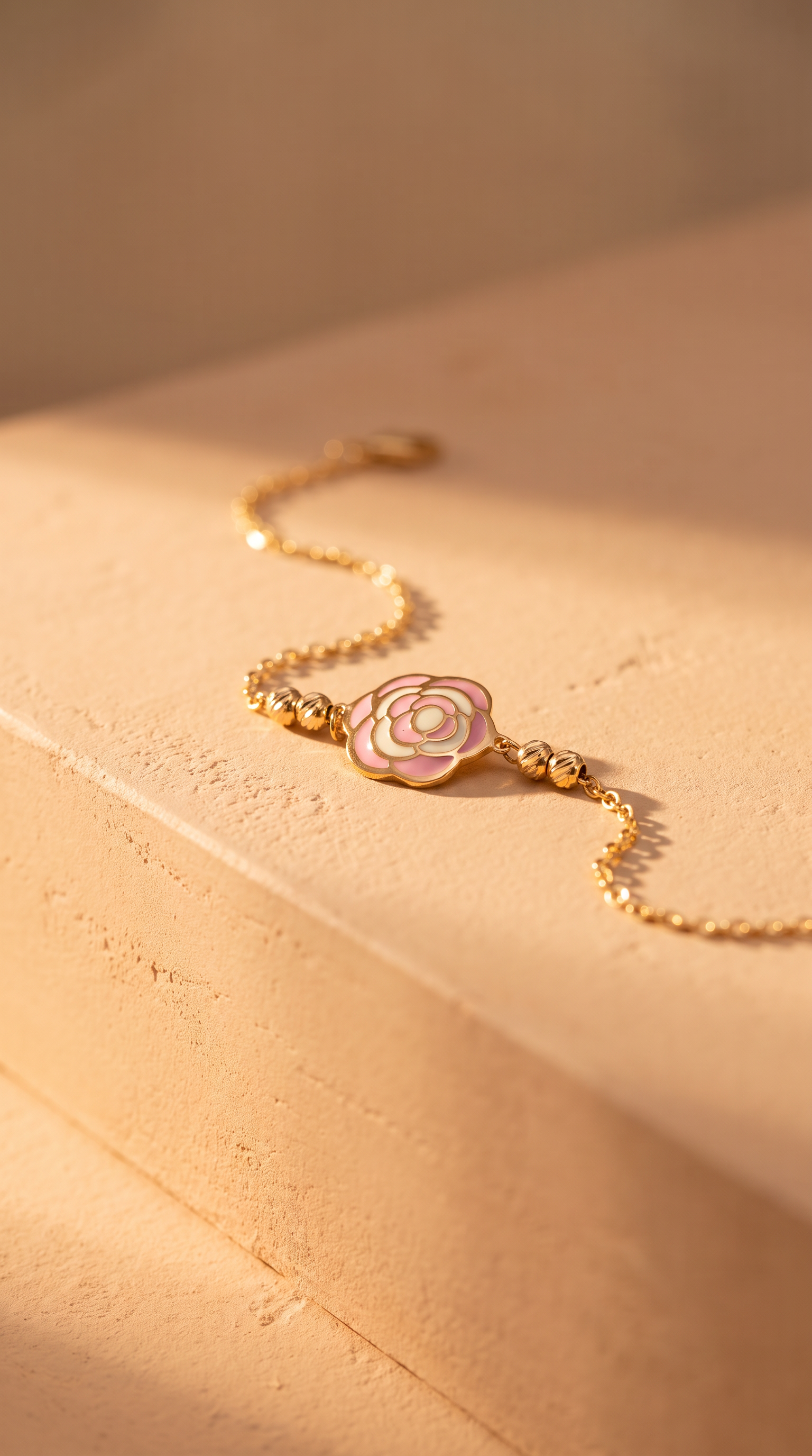 18K Yellow Gold Pink & White Enamel Rose Chain Bracelet