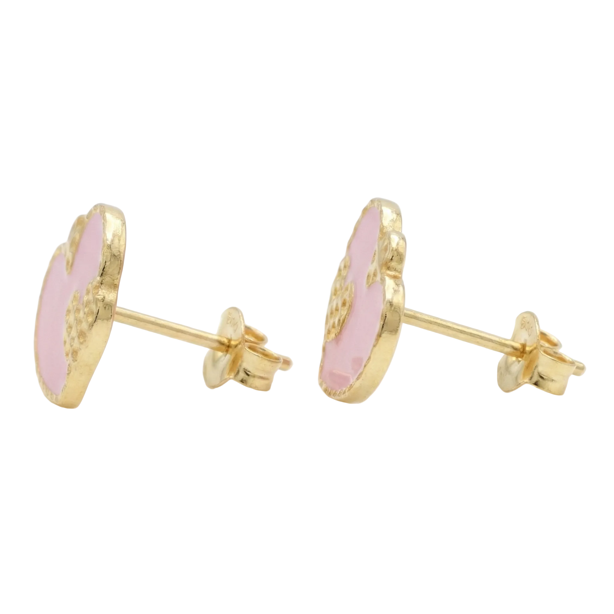 18K Yellow Gold Pink Heart Enamel Stud Earrings