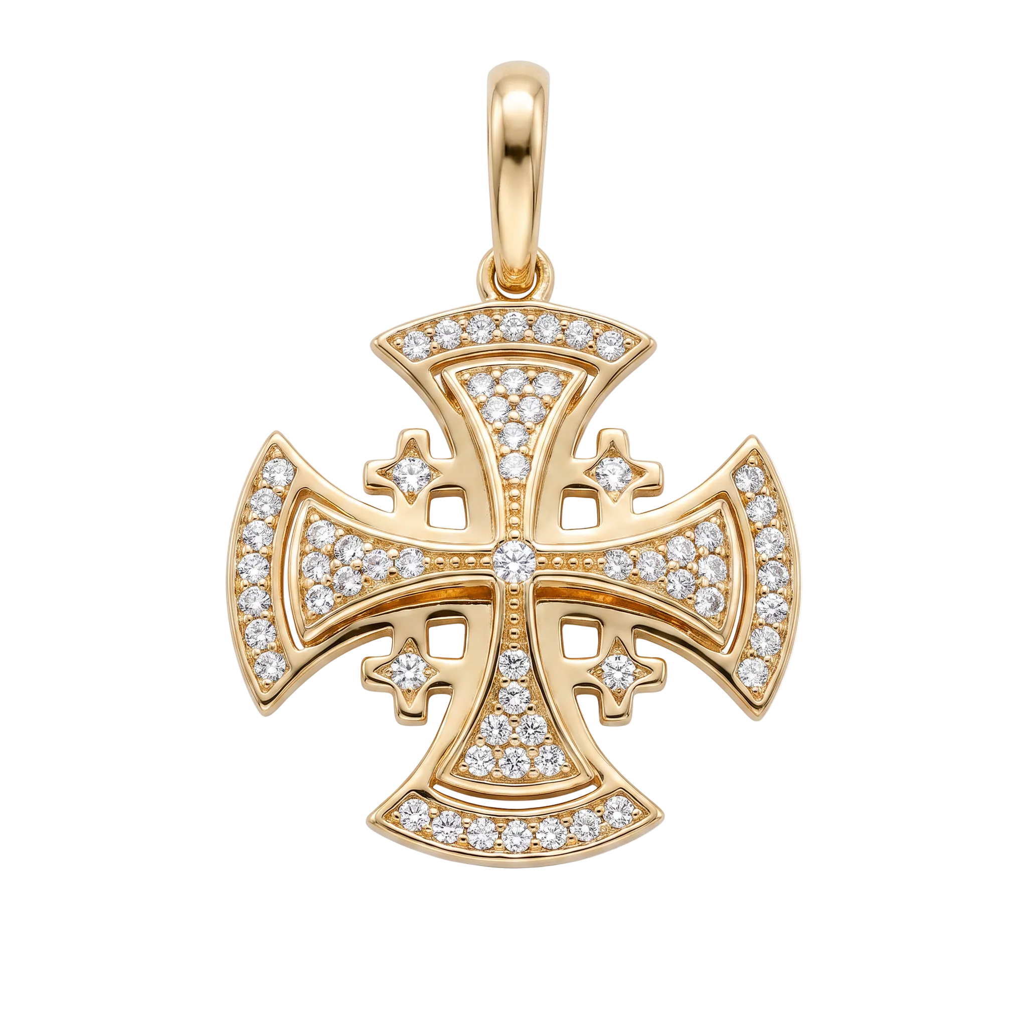 18K Yellow Gold Cubic Zirconia Jerusalem Cross Pendant