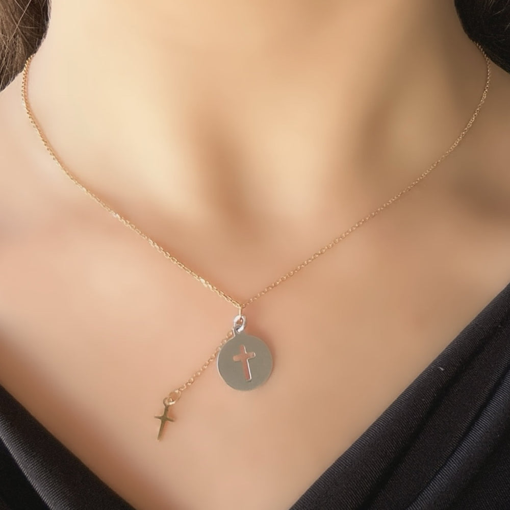 18K Gold Two Tone Cross Necklace
