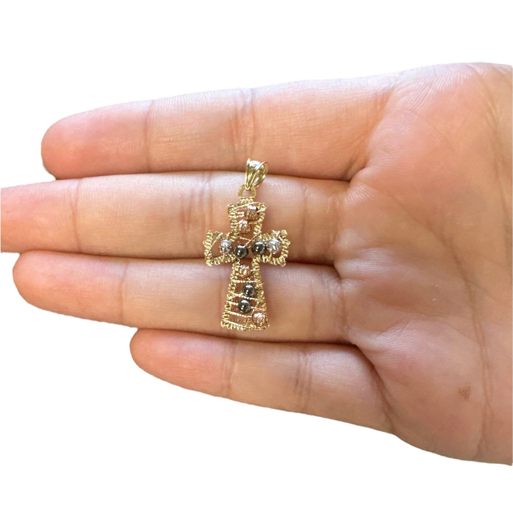 18K Multicolor Gold Small Wire Bead Cross Pendant