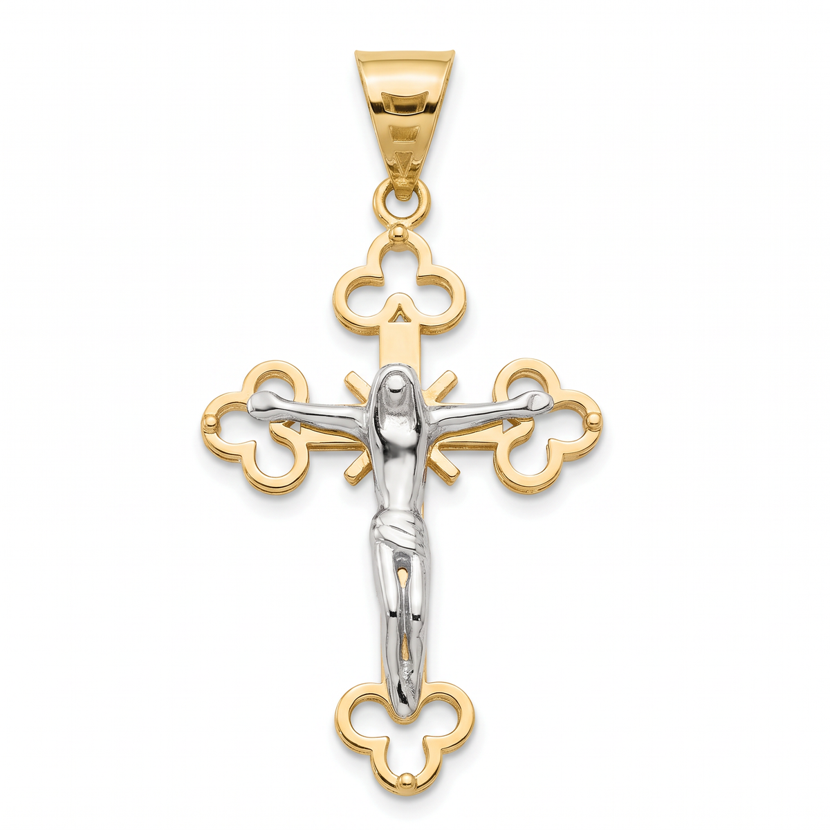18K Gold Two Tone Budded Crucifix Pendant